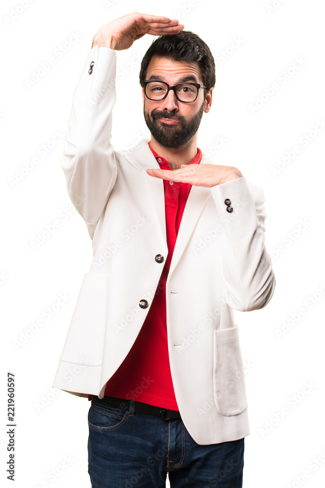 Brunette man with glasses focusing his face on white background Brunette man with glasses focusing his face on white background