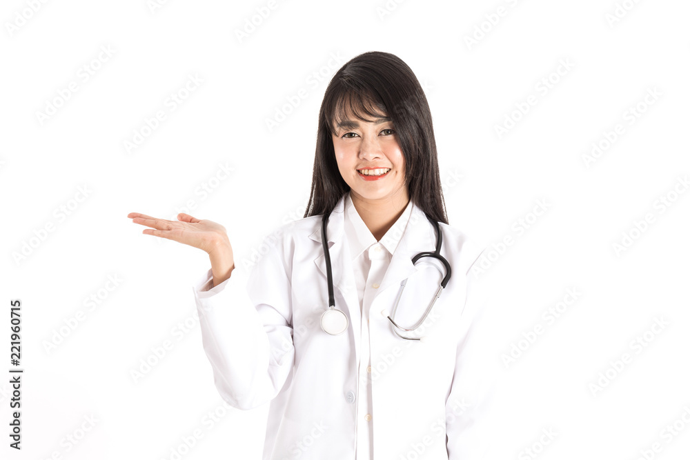 Beautiful attractive Doctor Asian woman smile and open hand palm for display product feeling so happiness and cheerful,Isolated on white background,Healthcare and Medical Concept Beautiful attractive Doctor Asian woman smile and open hand palm for display product feeling so happiness and cheerful,Isolated on white background,Healthcare and Medical Concept