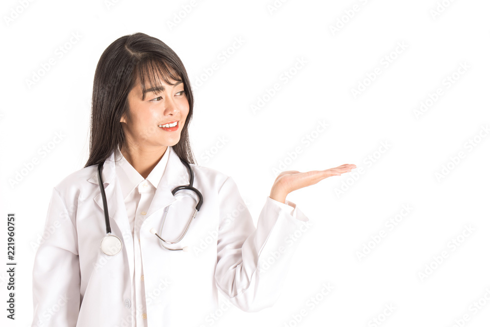 Beautiful attractive Doctor Asian woman smile and open hand palm for display product feeling so happiness and cheerful,Isolated on white background,Healthcare and Medical Concept Beautiful attractive Doctor Asian woman smile and open hand palm for display product feeling so happiness and cheerful,Isolated on white background,Healthcare and Medical Concept