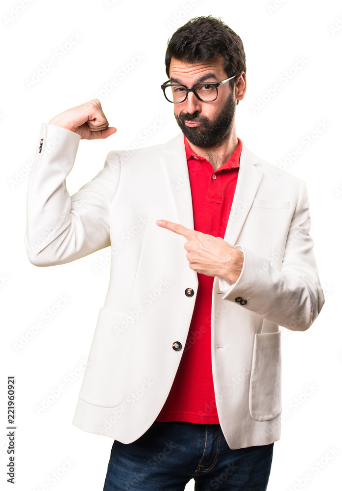 Brunette man with glasses making strong gesture on white background Brunette man with glasses making strong gesture on white background