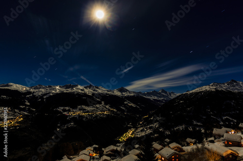 Illuminated Ski Resort of Thyon Les Collons,  in the Night, 4 valleys, Valais canton, Switzerland photo