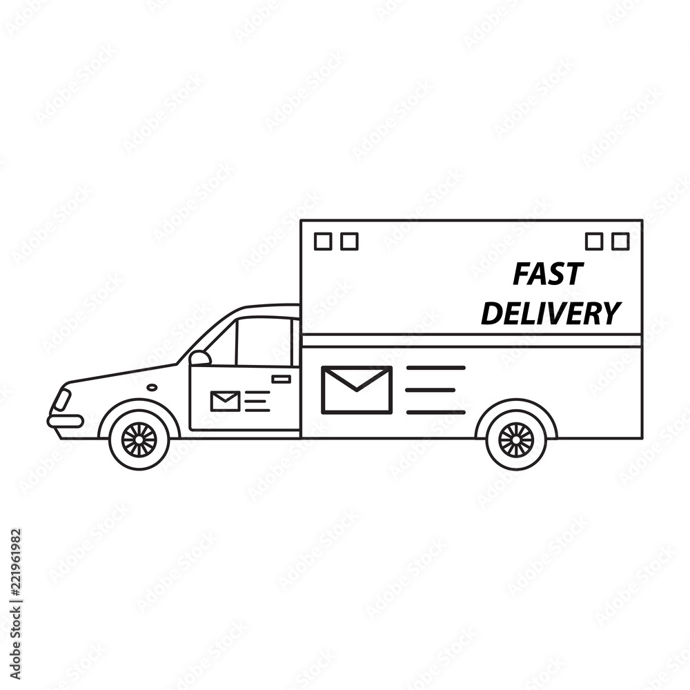 Delivery service car in the line art style