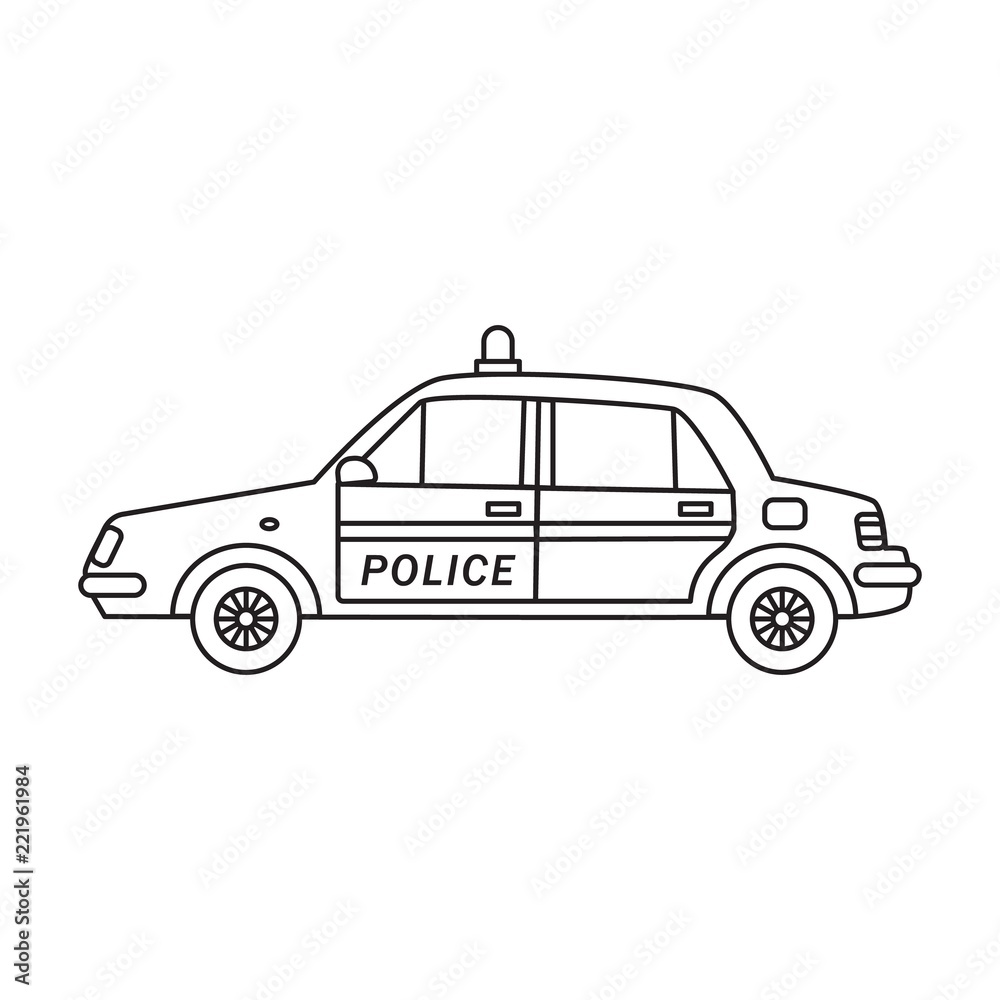 Police car with flashing lights on the roof in the line art style