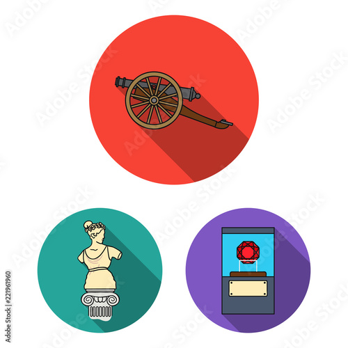Museum and gallery flat icons in set collection for design. Storage and exhibition of showpiece vector symbol stock web illustration.