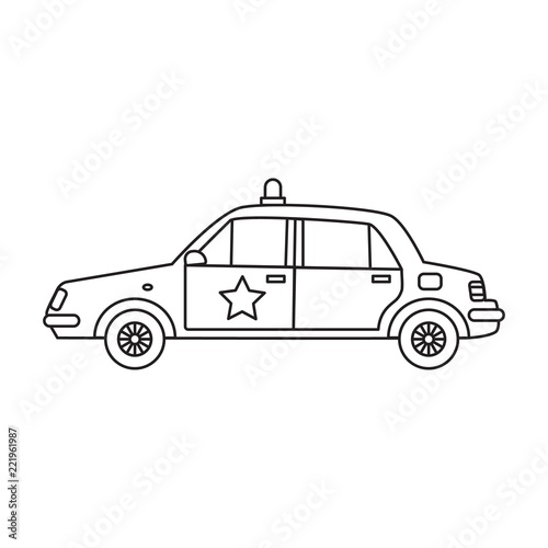Police car with flashing lights and sherif’s star in the line art style