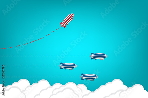 Red blimp changing direction and white ones. New idea, change, trend, courage, creative solution, innovation and unique way concept.