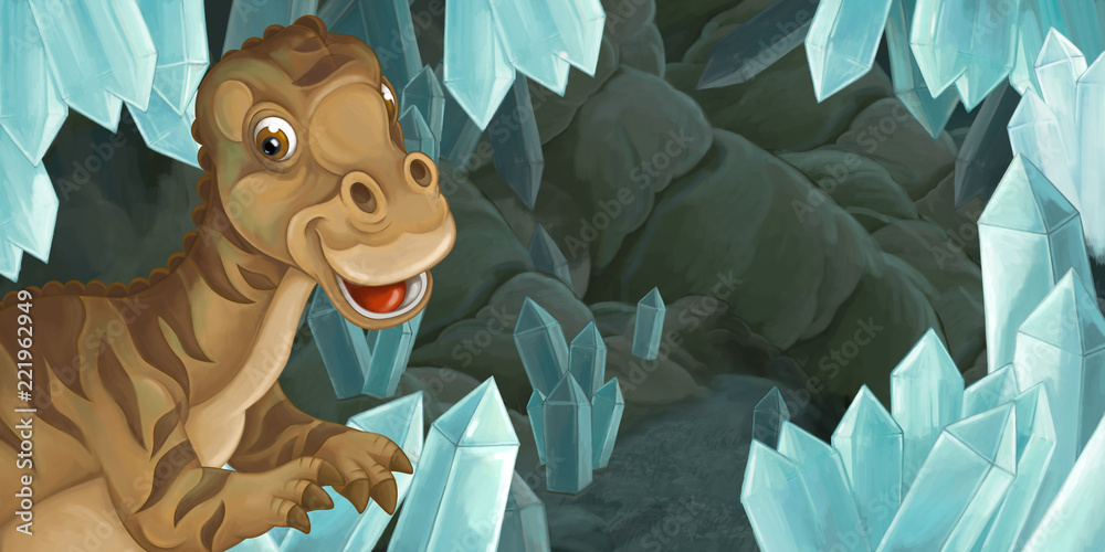Fototapeta rysunkowa scena jaskini z dużymi kryształami i dinozaurem maiazaurą - ilustracja dla dzieci