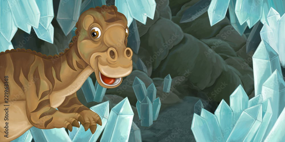 Fototapeta scena kreskówkowa jaskini z dużymi kryształami i maiasaura dinozaurów - ilustracja dla dzieci