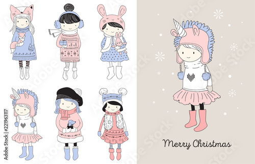 Hand drawn beautiful cute little winter girls collection. Merry Christmas greeting cards design