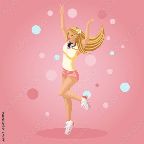Isometrics girl rejoices, jumps, teenager, generation Z, bright background summer clothes. Isometric vector illustration