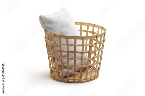 Wooden wicker round basket with pillow. 3d render
