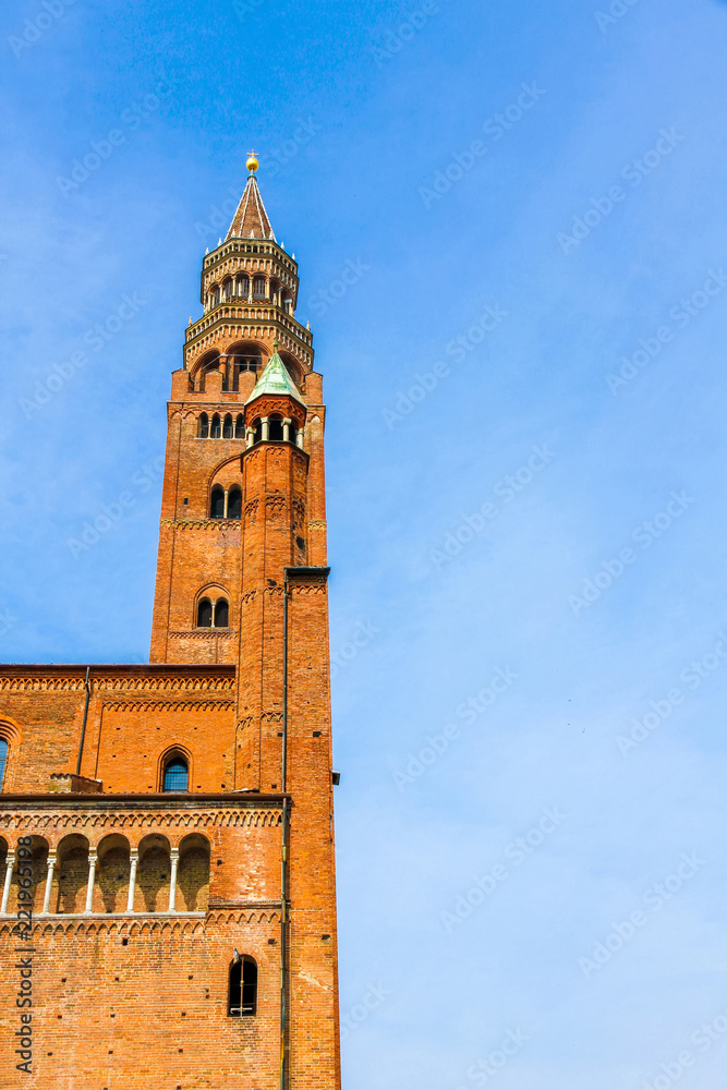 View on the famous Torrazzo bell tower in Cremona, Italy on a sunny day.