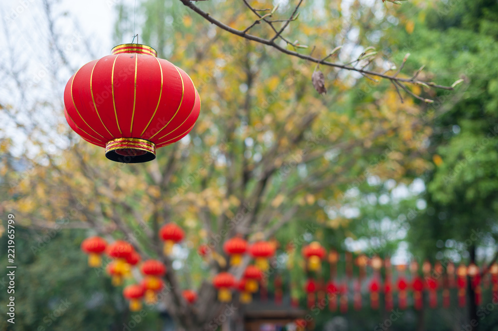 Obraz premium Red chinese lanterns hanging on trees