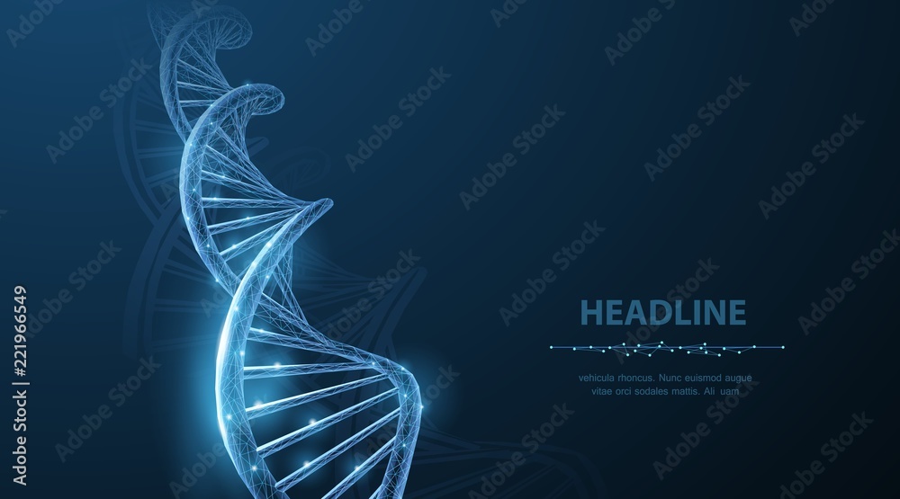 DNA. Abstract 3d polygonal wireframe DNA molecule helix spiral on blue. - obrazy, fototapety, plakaty 