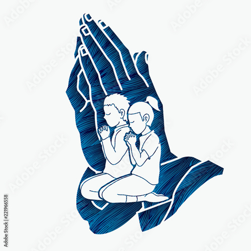 Boy and Girl Prayer, Christian praying ,Praise God, Worship cartoon graphic vector