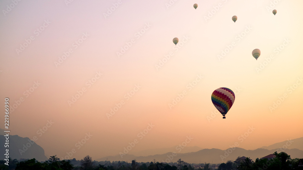 hot-air balloons flying over on mountain Vang Vieng,Laos 