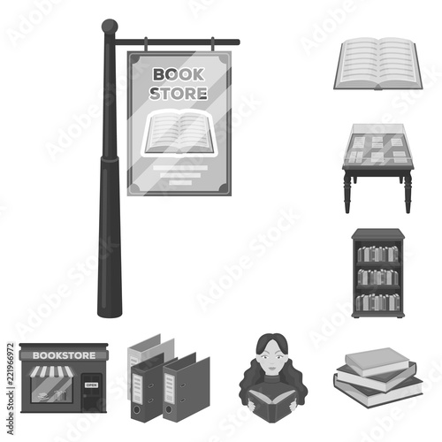 Library and bookstore monochrome icons in set collection for design. Books and furnishings vector symbol stock web illustration.