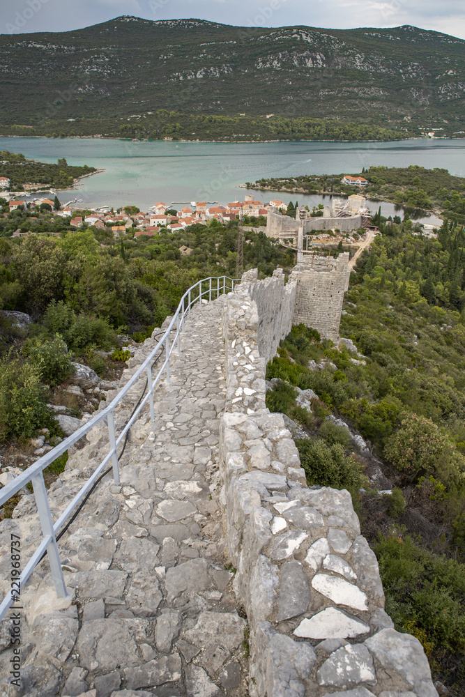 Naklejka premium View of Ston town and its defensive walls, Peljesac Peninsula, Croatia. Ston was a major fort of the Ragusan Republic.