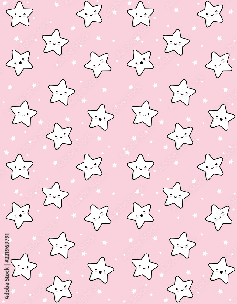 Cute White Stars Vector Pattern. Sweet White Cartoon Stars with Funny  Faces. Lovely Kawaii Style Design. White Smiling Stars with Black Outline  Isolated on a Pink Background. Stock Vector | Adobe Stock
