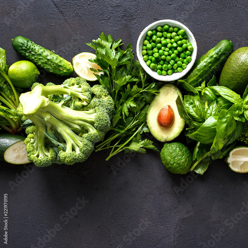 Raw healthy food clean eating vegetables green vegetables top view photo