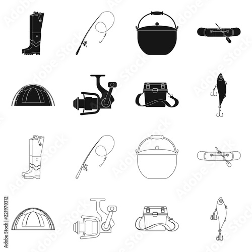 Vector illustration of fish and fishing logo. Set of fish and equipment vector icon for stock.