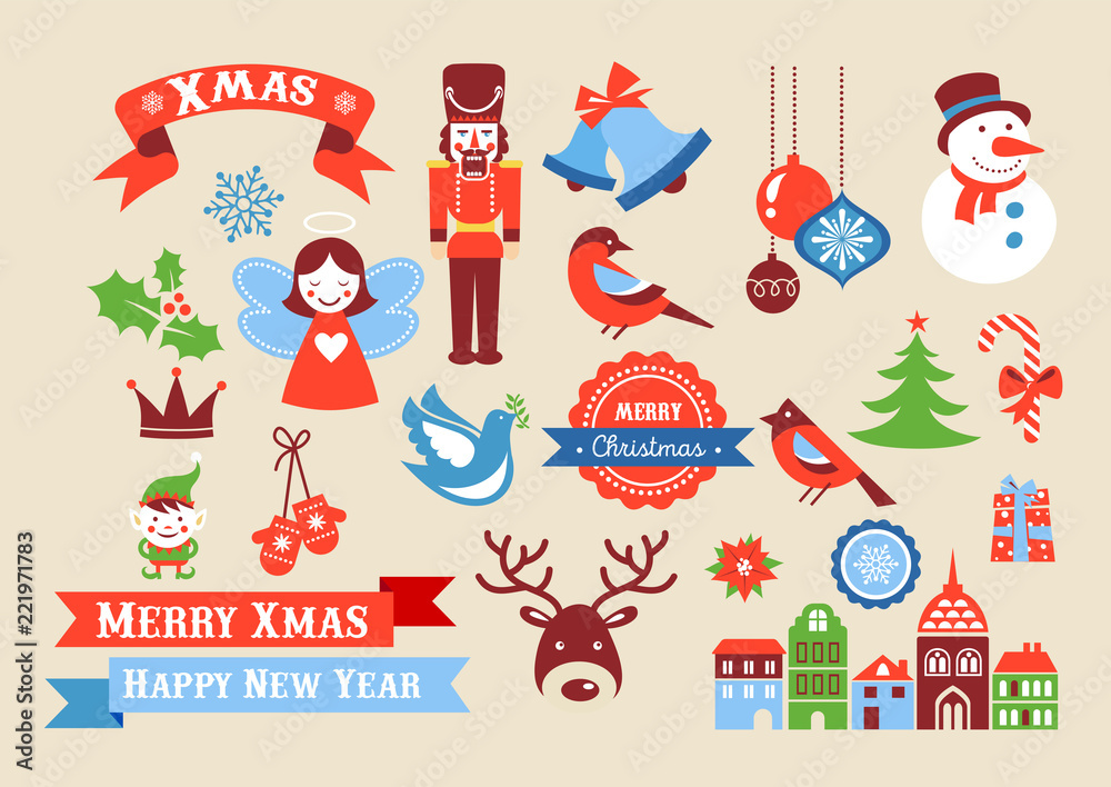 Merry Christmas icons, retro style elements and illustration, tags and labels