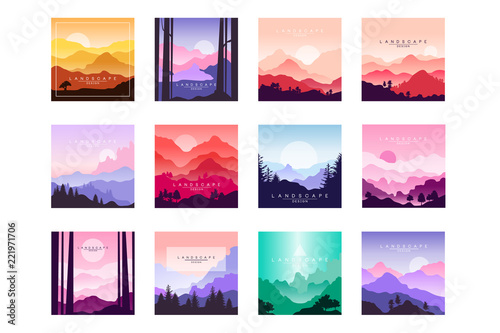 Set of beautiful flat cartoon landscapes with mountains, hills and forest. Natural theme. Vector collection of nature backgrounds with gradients.