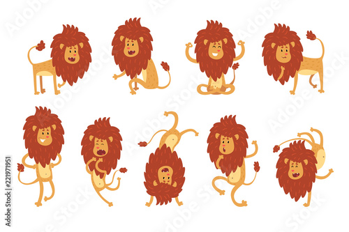 Fototapeta Naklejka Na Ścianę i Meble -  Collection of lion in various poses. Cartoon character of wild African animal. Big strong predator. Zoo theme. Flat vector design for sticker, kids print or book