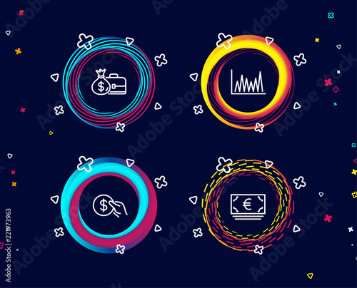 Set of Payment, Salary and Line graph icons. Euro currency sign. Usd coin, Diplomat with money bag, Market diagram. Eur banking.  Circle banners with line icons. Gradient colors shapes. Vector