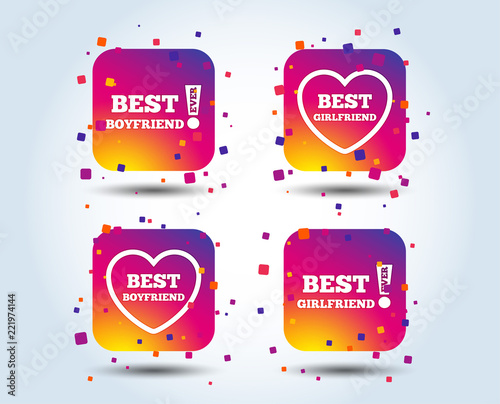 Best boyfriend and girlfriend icons. Heart love signs. Awards with exclamation symbol. Colour gradient square buttons. Flat design concept. Vector