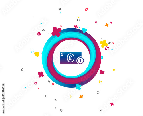 Cash sign icon. Pound Money symbol. GBP Coin and paper money. Colorful button with icon. Geometric elements. Vector