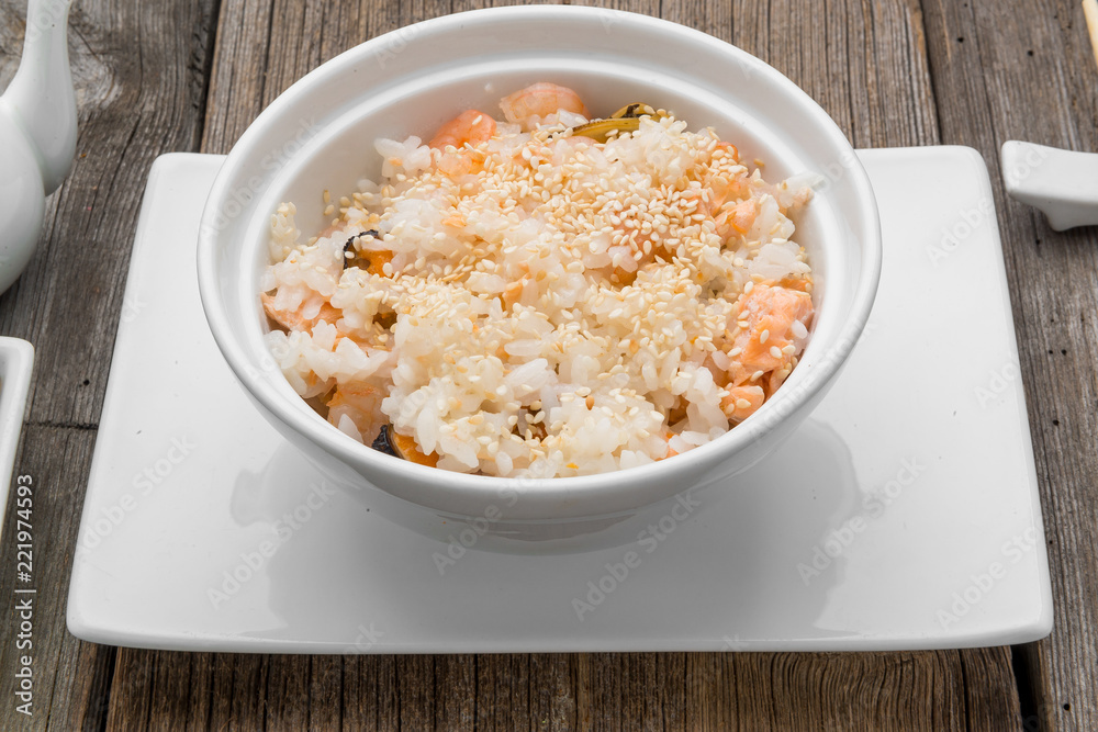 rice with seafood and sesame, traditional Japanese food rice with seafood and sesame, traditional Japanese food