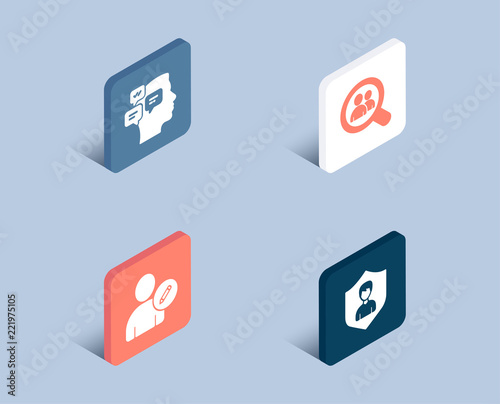 Set of Edit user, Messages and Search employees icons. Security agency sign. Profile data, Notifications, Staff analysis. People protection.  3d isometric buttons. Flat design concept. Vector