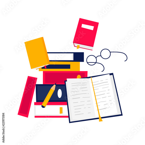 Reading books, education, science, development. Flat style vector illustration.