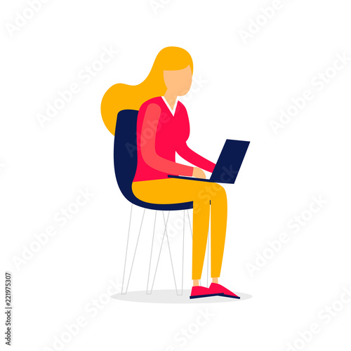 Woman sitting working on laptop, office life, freelancing. Flat style vector illustration.
