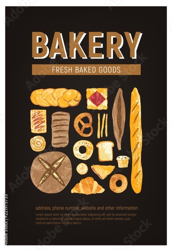 Vertical flyer or poster template with fresh bread, pastry, baked goods of various types and place for text on black background. Vector illustration for bakery or bakeshop promo, advertisement.