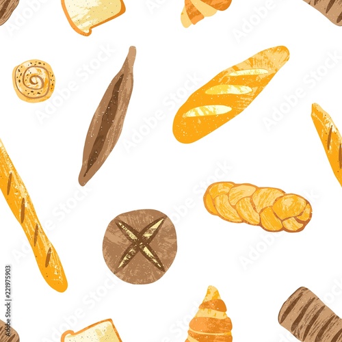 Seamless pattern with tasty breads, dessert pastry, baked products or bakery ...