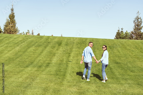 stylish couple in sunglasses holding hands and looking at camera on grassy hill outdoors