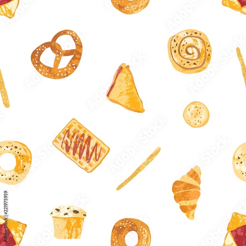 Seamless pattern with appetizing breads, baked sweet pastry and desserts made of dough of various types on white background. Colored vector illustration for textile print, backdrop, wrapping paper.