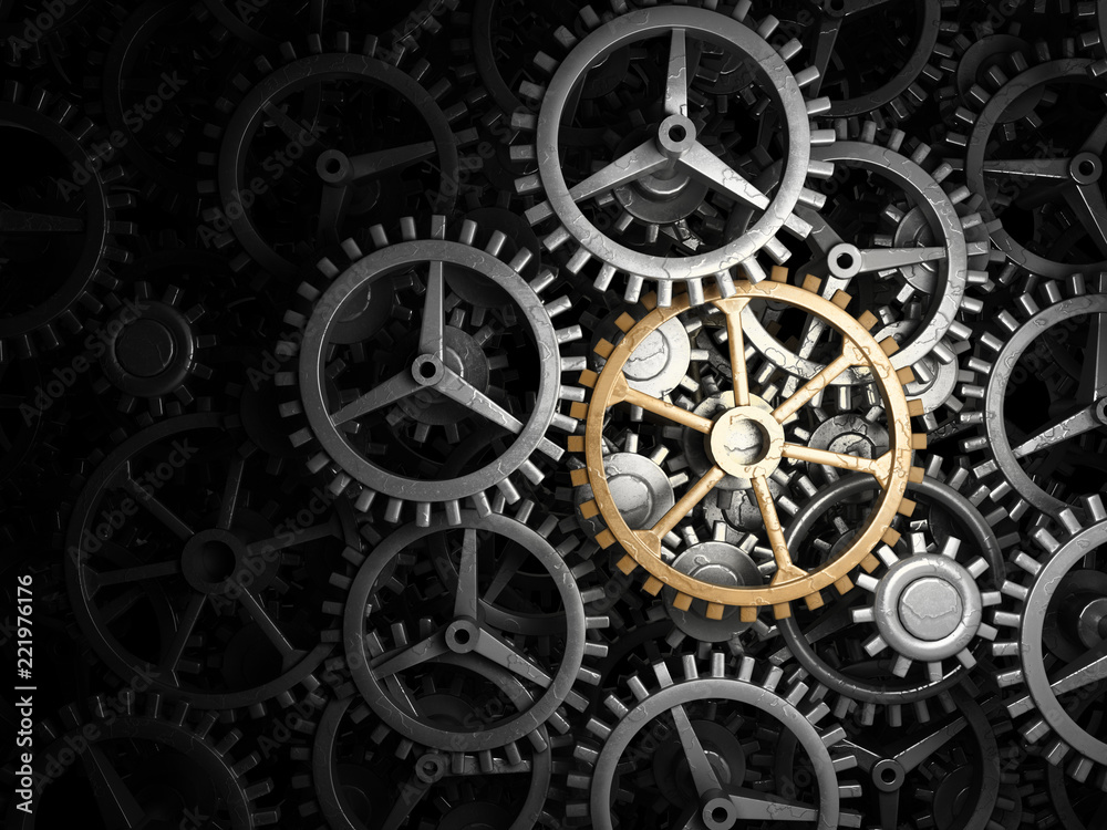 modern concept of a key element golden gear as a link 3d render illustration modern concept of a key element golden gear as a link 3d render illustration