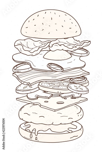 Delicious hamburger with layers or ingredients hand drawn with contour lines on white background