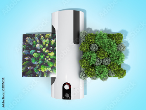 Modern high resolution wide format printing concept The real forest is transformed into an image passing through the printer 3d render on blue photo