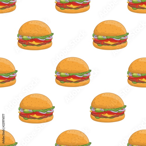 Colorful seamless pattern with tasty hamburgers on white background. Deliciou...