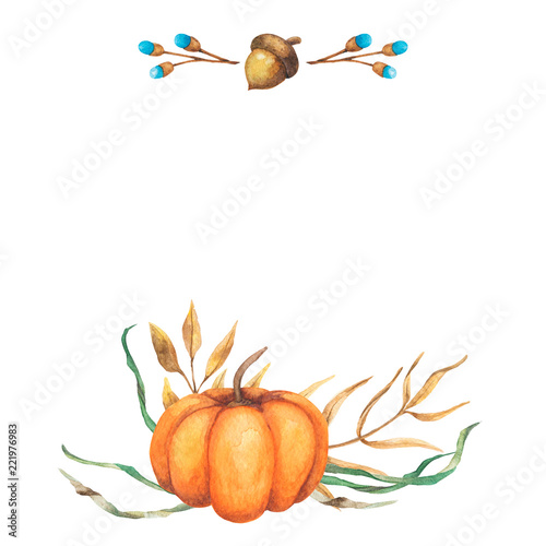 Watercolor background autumn design with pumpkin motley foliage celebration harvesting. Hand-drawn watercolor illustration.