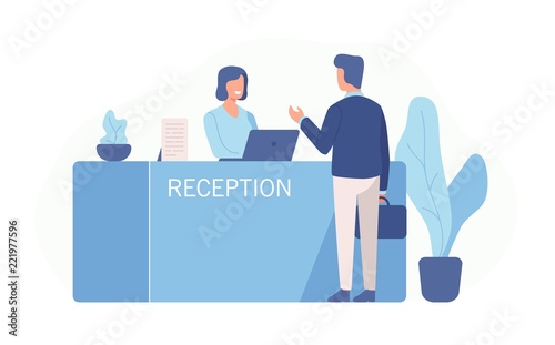 Male customer standing at reception desk and talking to female receptionist. Scene of visit to service center isolated on white background. Colorful vector illustration in flat cartoon style. photo