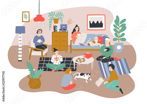 Group of men and women sitting in room furnished in Scandic style and talking to each other. Friends spending time together at home. Friendly visit. Colorful vector illustration in flat cartoon style.
