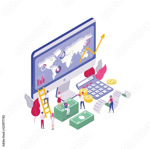 Scene with tiny people walking near computer display with financial analysis,...
