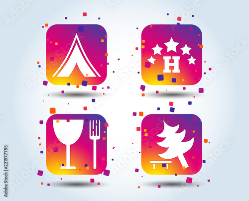 Food, hotel, camping tent and tree icons. Wineglass and fork. Break down tree. Road signs. Colour gradient square buttons. Flat design concept. Vector