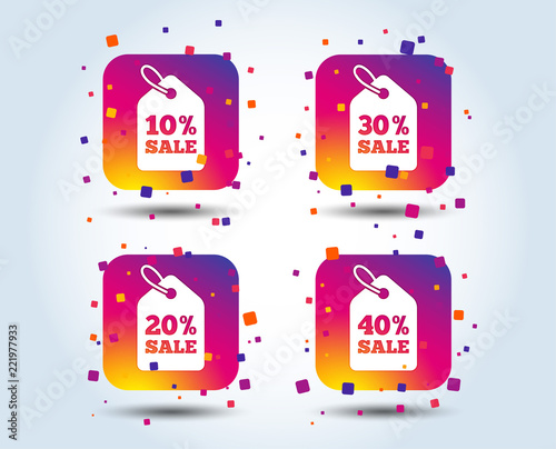 Sale price tag icons. Discount special offer symbols. 10%, 20%, 30% and 40% percent sale signs. Colour gradient square buttons. Flat design concept. Vector