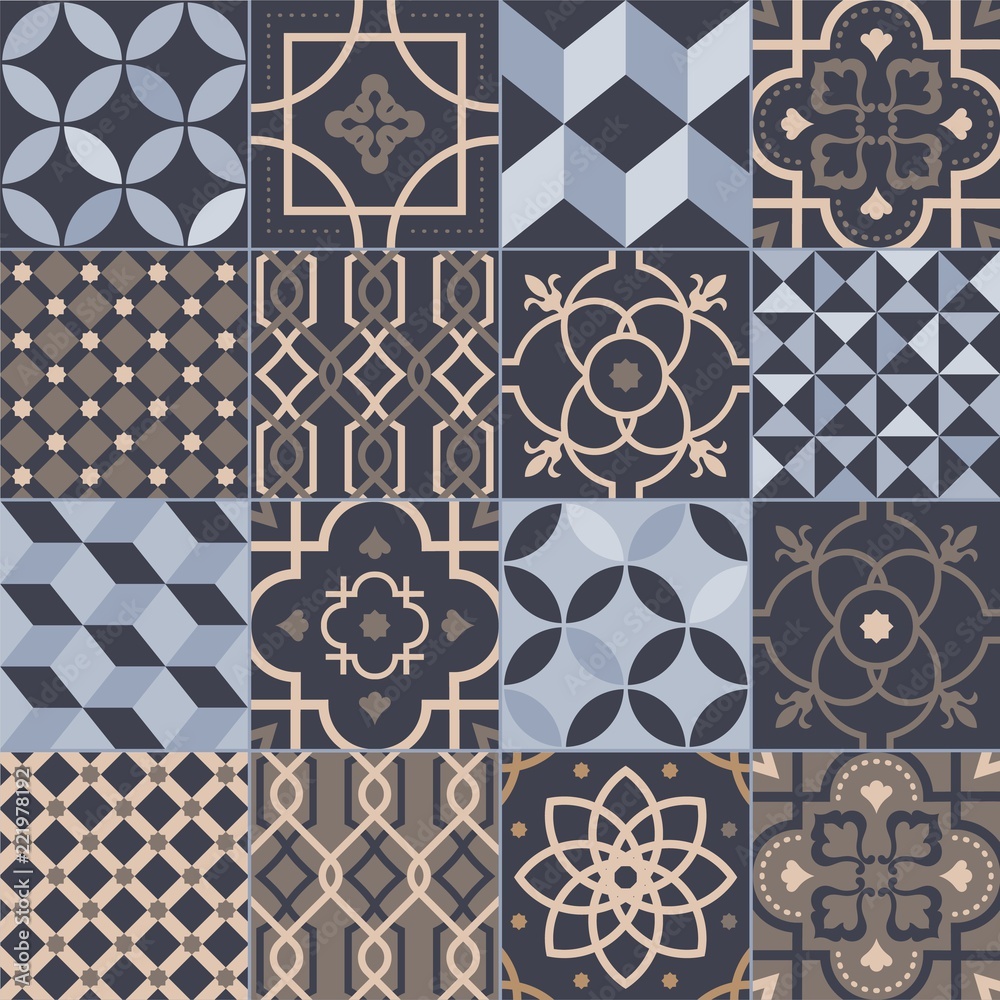 Collection of square ceramic tiles with various geometric and traditional oriental patterns. Set of decorative ornaments, ornamental weaving textures, floral motifs. Flat vector illustration.